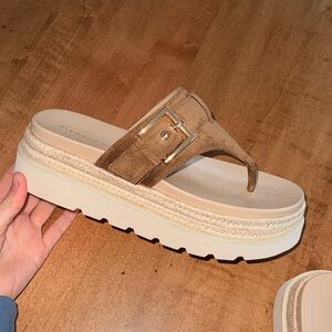 Tan Faux Suede platform sandals with espadrille detailing